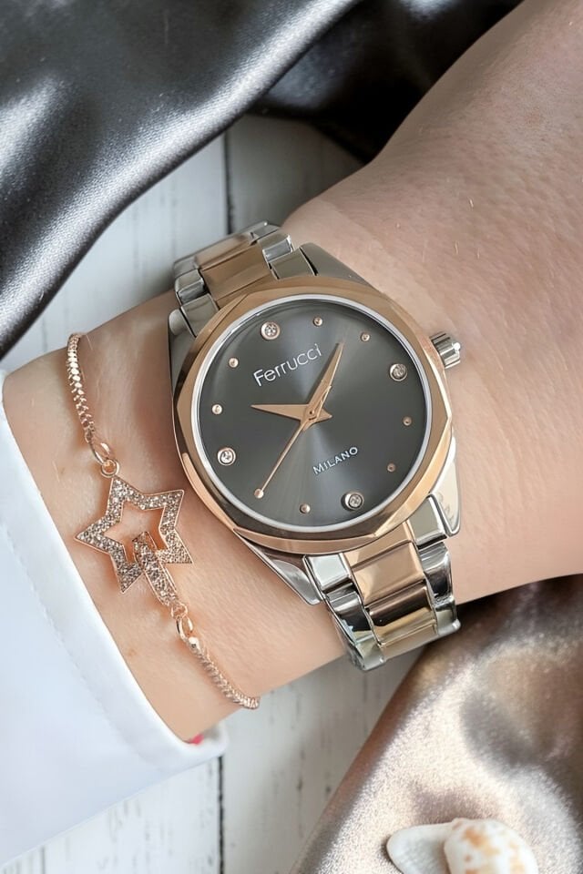 Yeni Model Çelik Bilezik  Rose / Metalik Kadın Kol Saati + Zirkon Taşlı Bileklik