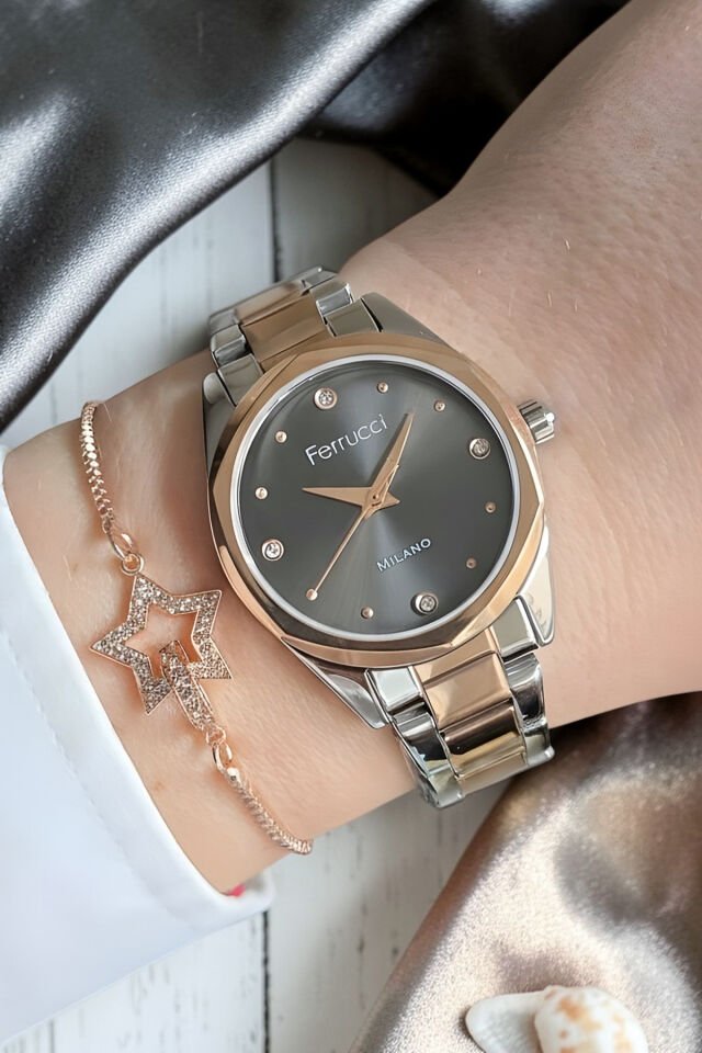 Yeni Model Çelik Bilezik  Rose / Metalik Kadın Kol Saati + Zirkon Taşlı Bileklik