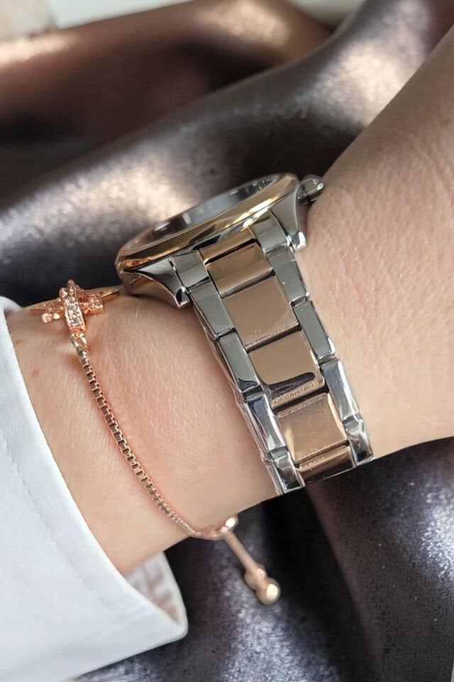 Yeni Model Çelik Bilezik  Rose / Metalik Kadın Kol Saati + Zirkon Taşlı Bileklik