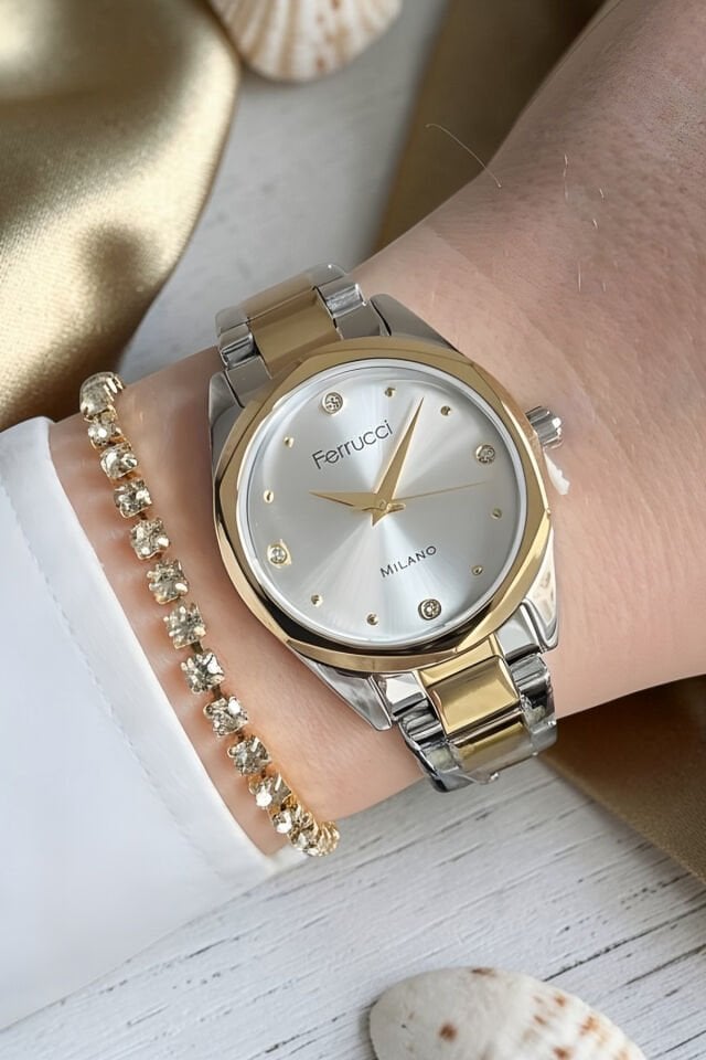 Yeni Model Çelik Bilezik Altın / Metalik Kadın Kol Saati + Zirkon Taşlı Bileklik