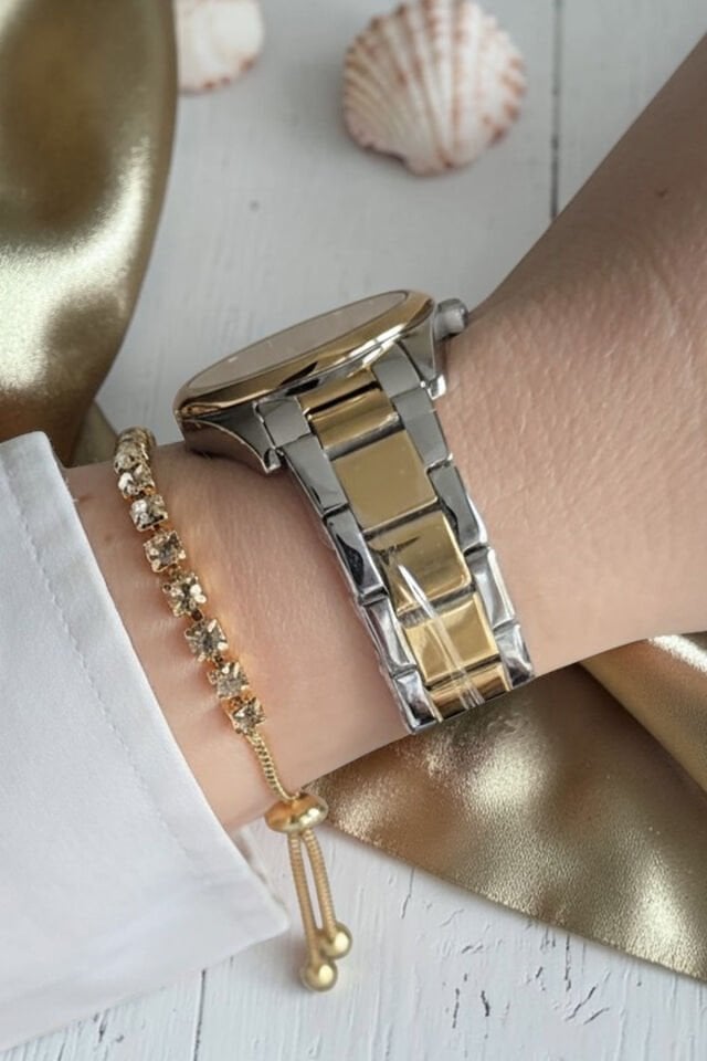 Yeni Model Çelik Bilezik Altın / Metalik Kadın Kol Saati + Zirkon Taşlı Bileklik