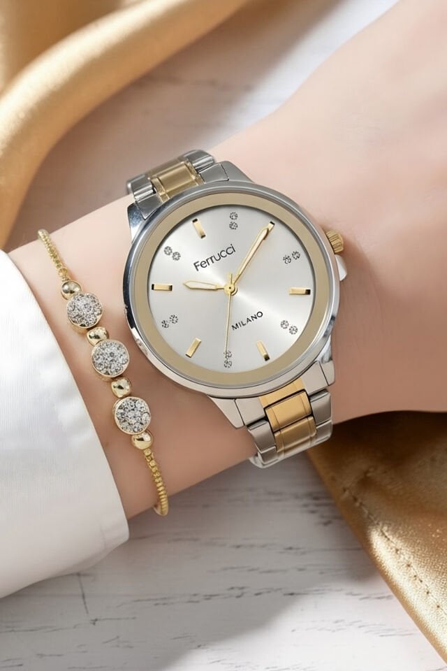 Yeni Mode Çelik Bilezik Altın / Metalik Kadın Kol Saati + Zirkon Taşlı Bileklik