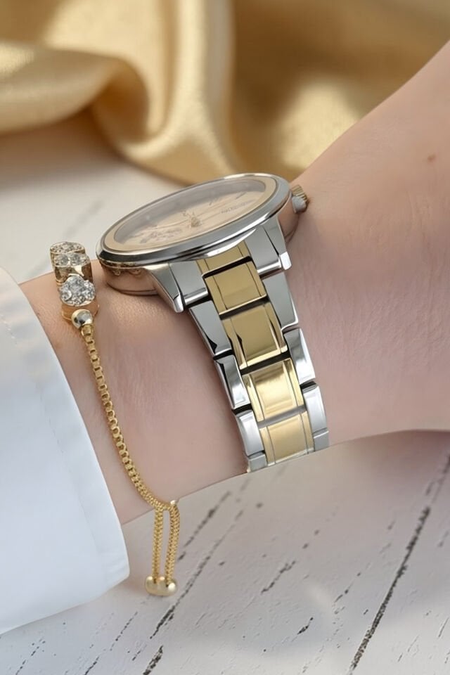 Yeni Mode Çelik Bilezik Altın / Metalik Kadın Kol Saati + Zirkon Taşlı Bileklik
