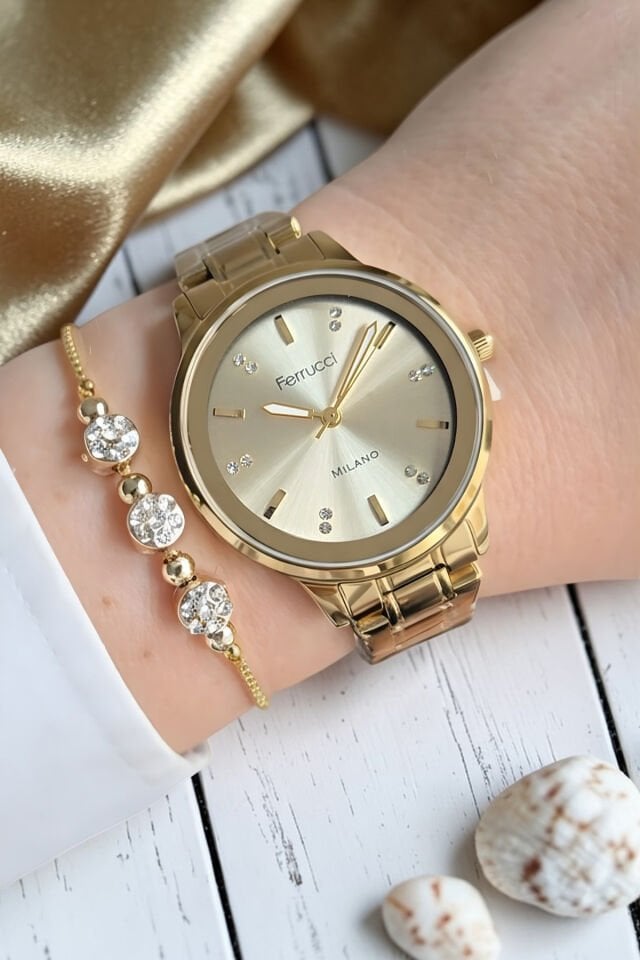 Yeni Model Çelik Bilezik Altın Sarısı Kadın Kol Saati + Zirkon Taşlı Bileklik