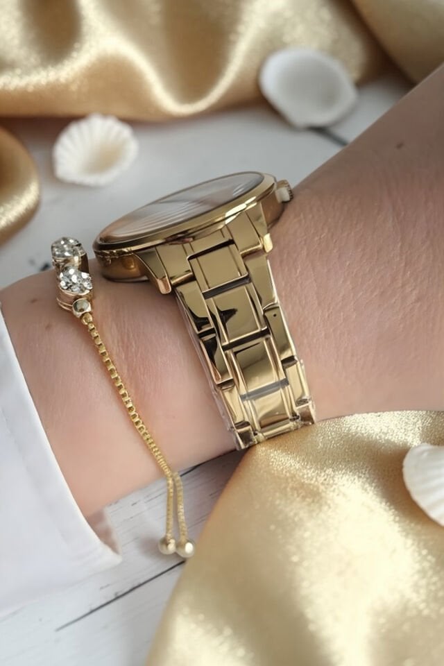 Yeni Model Çelik Bilezik Altın Sarısı Kadın Kol Saati + Zirkon Taşlı Bileklik