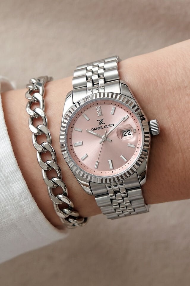 Yeni Model Jübile Bilezik Takvimli Pembe Kadranlı Kadın Kol Saati, Zincir Bileklik Hediyeli