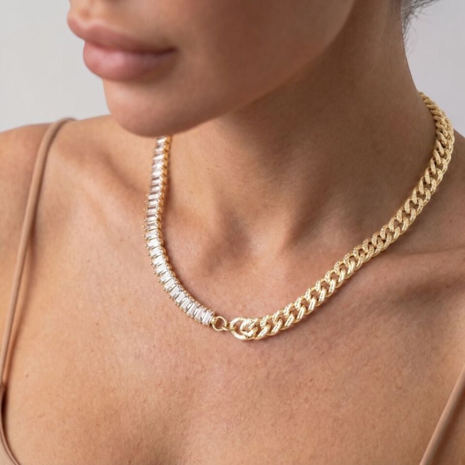 Valmont Accessories Baget Kesim Zirkon Taşlı Gold Zincir Kolye  - Düğün, Kına, Nişan Gelin Takı Seti