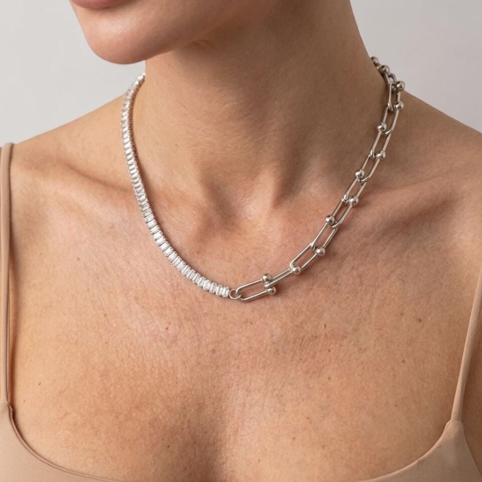 Valmont Accessories Baget Kesim Zirkon Taşlı Ataç Gümüş Kolye ve Küpe Seti - Düğün, Kına, Nişan Gelin Takı Seti