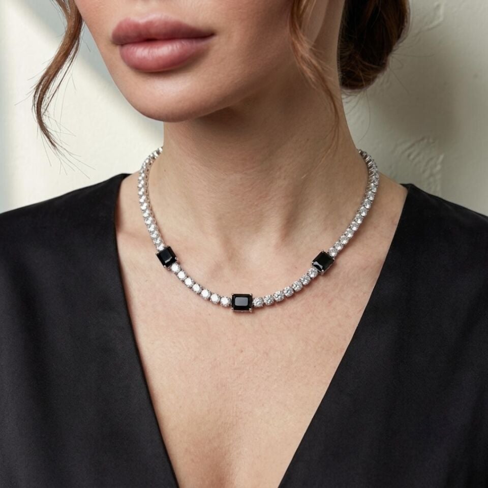 Valmont Accessories Siyah Su Yolu Kadın Kolye- Düğün, Kına, Nişan Gelin Takı Seti