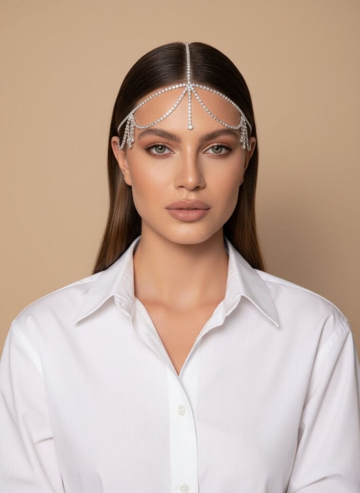 Valmont Accessories Kadın Kristal Taşlı Alın Zinciri Bohem Saç Aksesuarı Özel Gün Kutlama Tacı