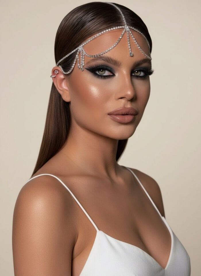 Valmont Accessories Kadın Kristal Taşlı Alın Zinciri Bohem Saç Aksesuarı Özel Gün Kutlama Tacı