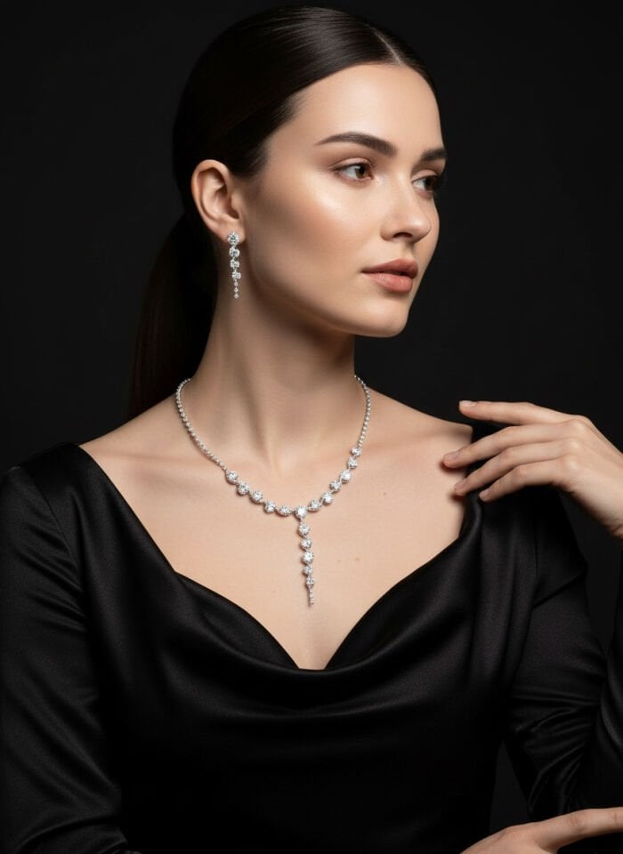 Valmont Accessories Çiçek Zirkon Taşlı Gümüş Kolye ve Küpe Seti - Düğün, Kına, Nişan Gelin Takı Seti