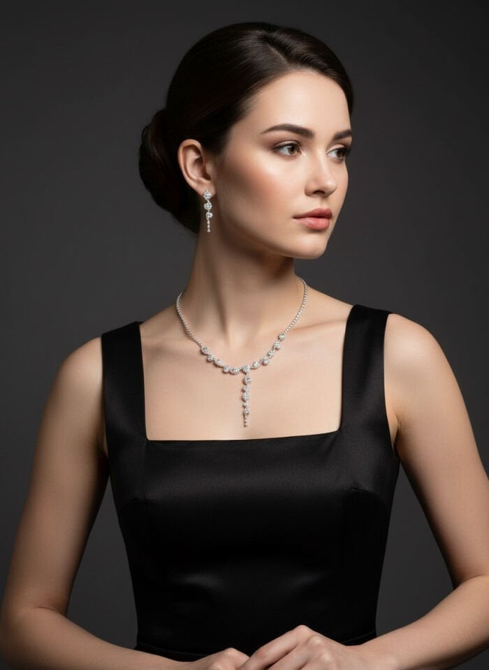Valmont Accessories Çiçek Zirkon Taşlı Gümüş Kolye ve Küpe Seti - Düğün, Kına, Nişan Gelin Takı Seti