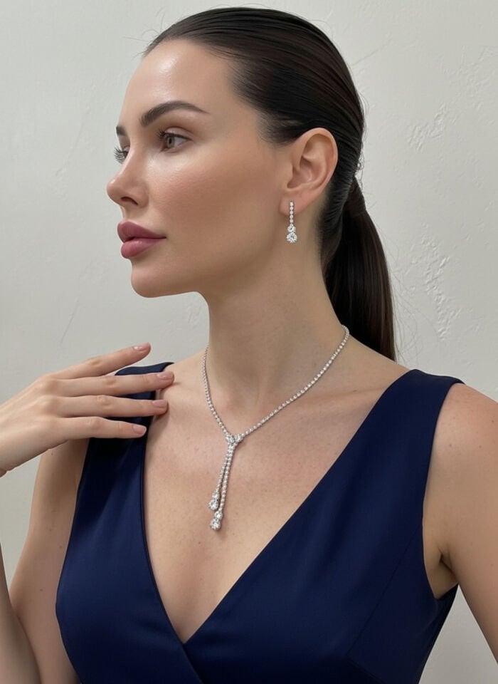 Valmont Accessories Sallantılı Zirkon Taşlı Gümüş Kolye ve Küpe Seti - Düğün, Kına, Nişan Gelin Takı Seti