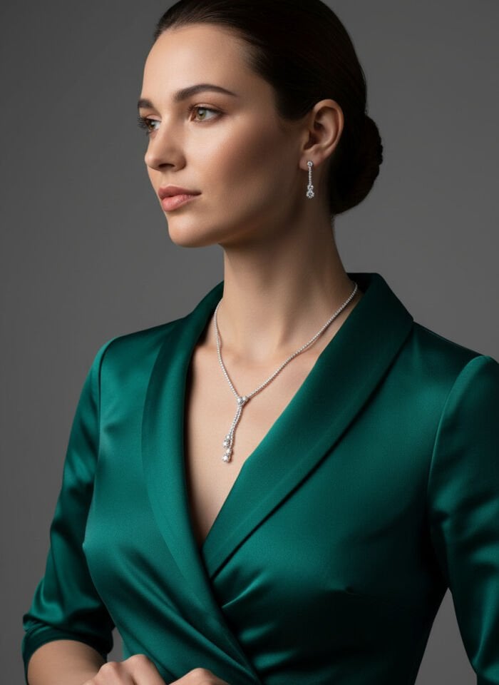 Valmont Accessories Sallantılı Zirkon Taşlı Gümüş Kolye ve Küpe Seti - Düğün, Kına, Nişan Gelin Takı Seti