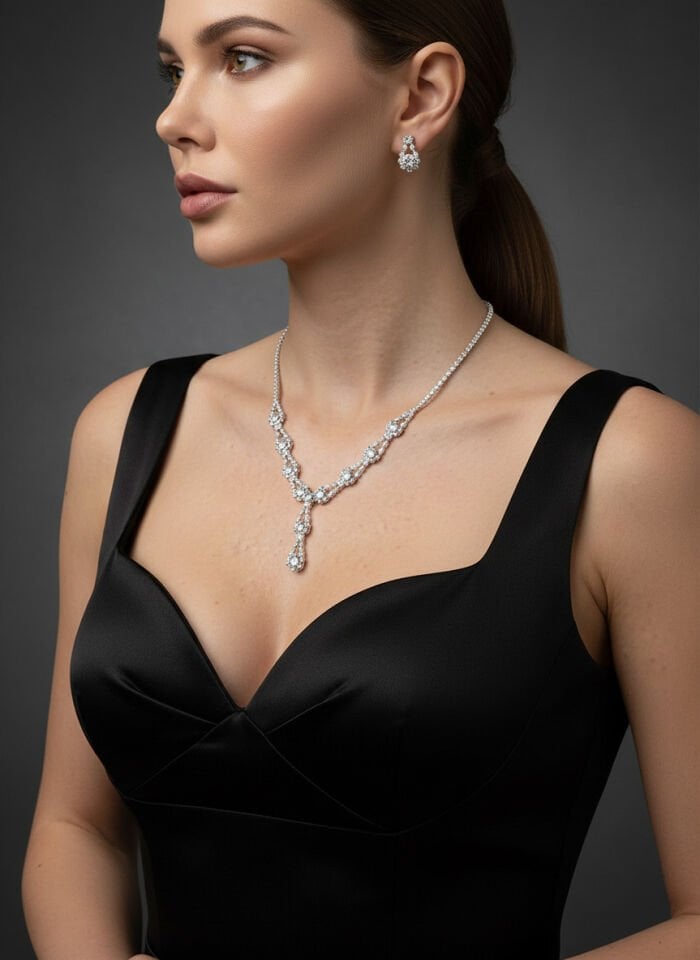 Valmont Accessories Tennis Çiçek Mordel Zirkon Taşlı Gümüş Kolye ve Küpe Seti - Düğün, Kına, Nişan Gelin Takı Seti