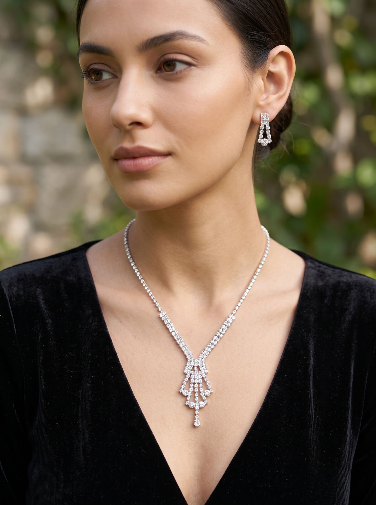 Valmont Accessories Avize Mordel Zirkon Taşlı Gümüş Kolye ve Küpe Seti - Düğün, Kına, Nişan Gelin Takı Seti