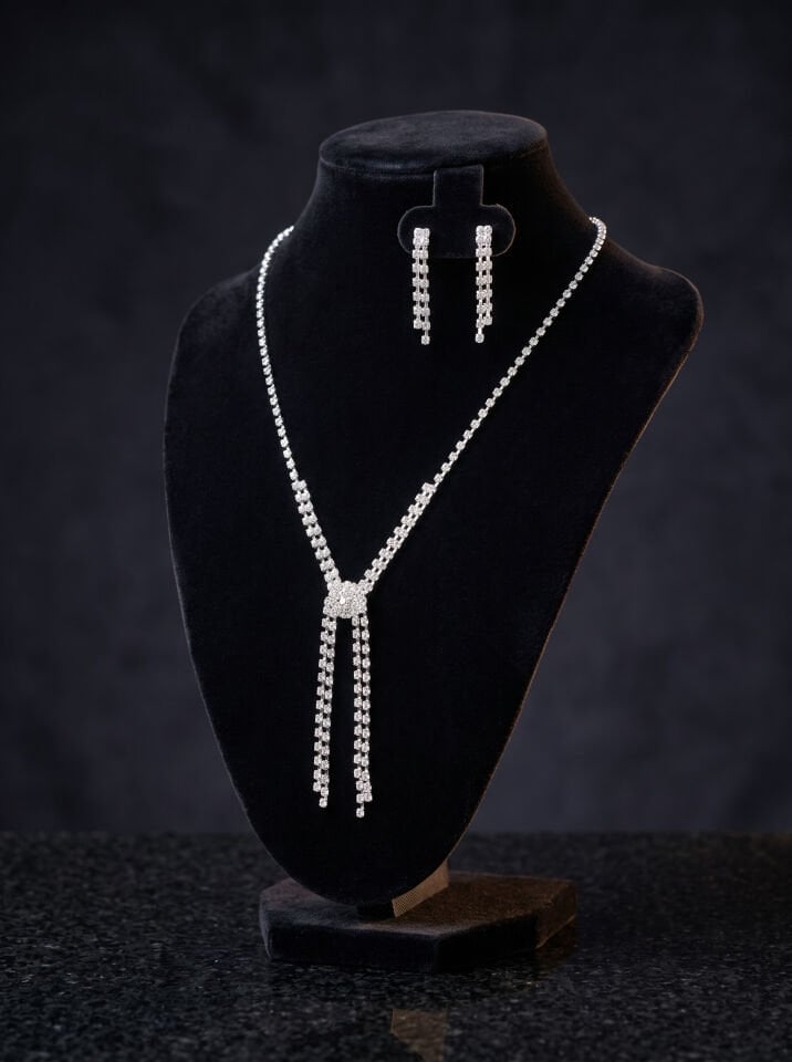 Valmont Accessories  Akarsu Mordel Zirkon Taşlı Gümüş Kolye ve Küpe Seti - Düğün, Kına, Nişan Gelin Takı Seti