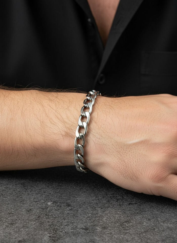 Erkek Gümüş Metal Kalın Gurmet Zincir Bileklik
