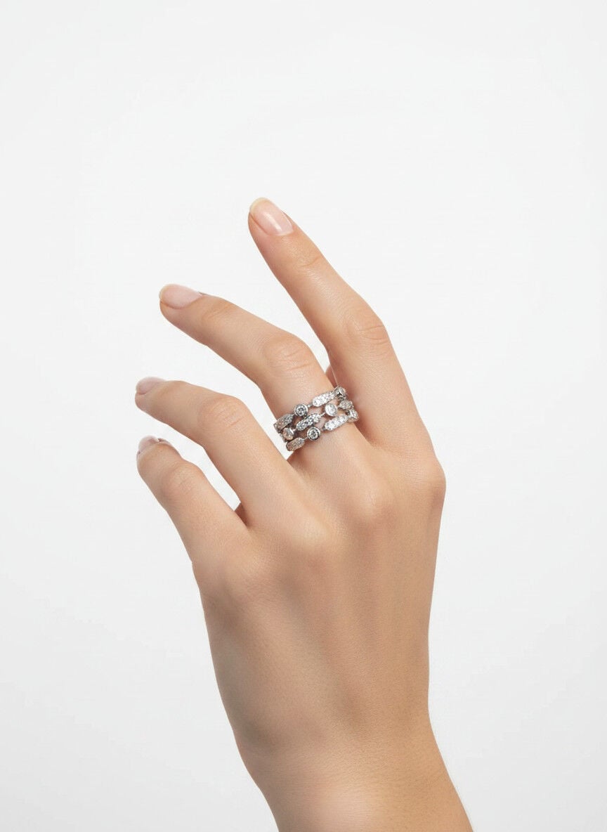 Valmont Accessories Kadın Gümüş Renk Beyaz Taşlı Çok Sıralı Geometrik Yüzük