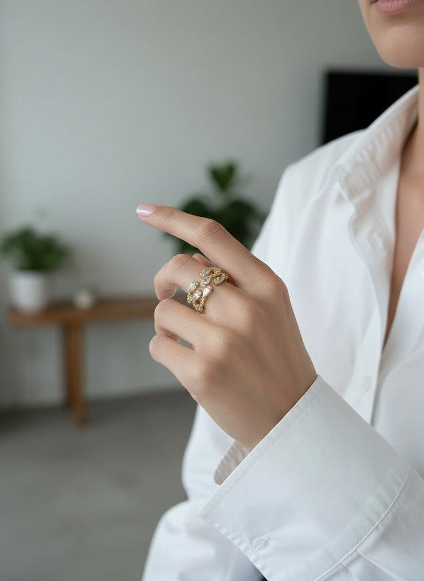 Valmont Accessories Kadın Gold Renk Beyaz Damla Taşlı Çok Sıralı Yüzük