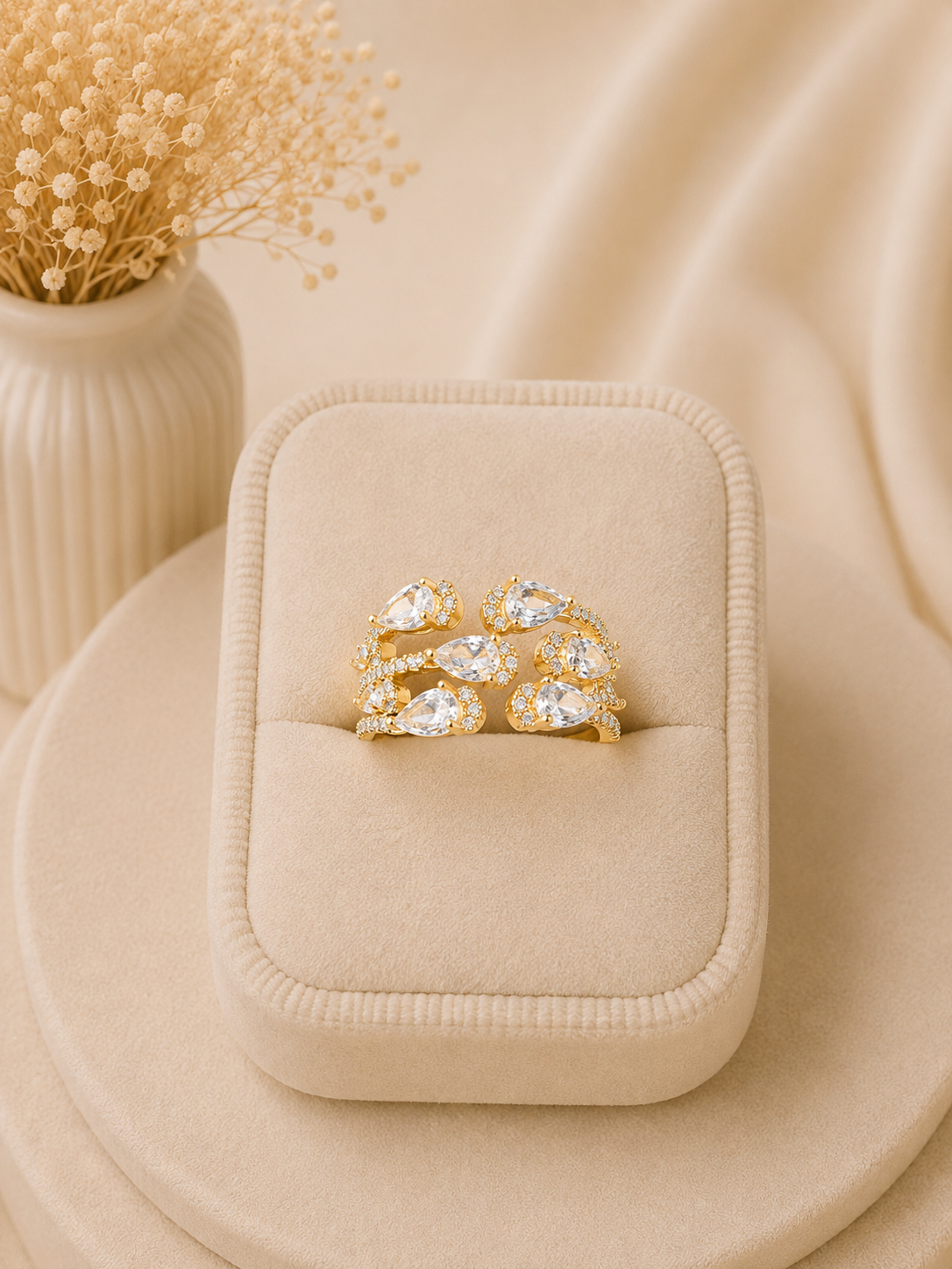 Valmont Accessories Kadın Gold Renk Beyaz Damla Taşlı Çok Sıralı Yüzük