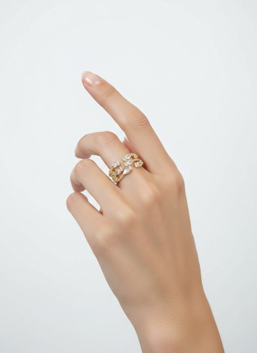 Valmont Accessories Kadın Gold Renk Beyaz Damla Taşlı Çok Sıralı Yüzük