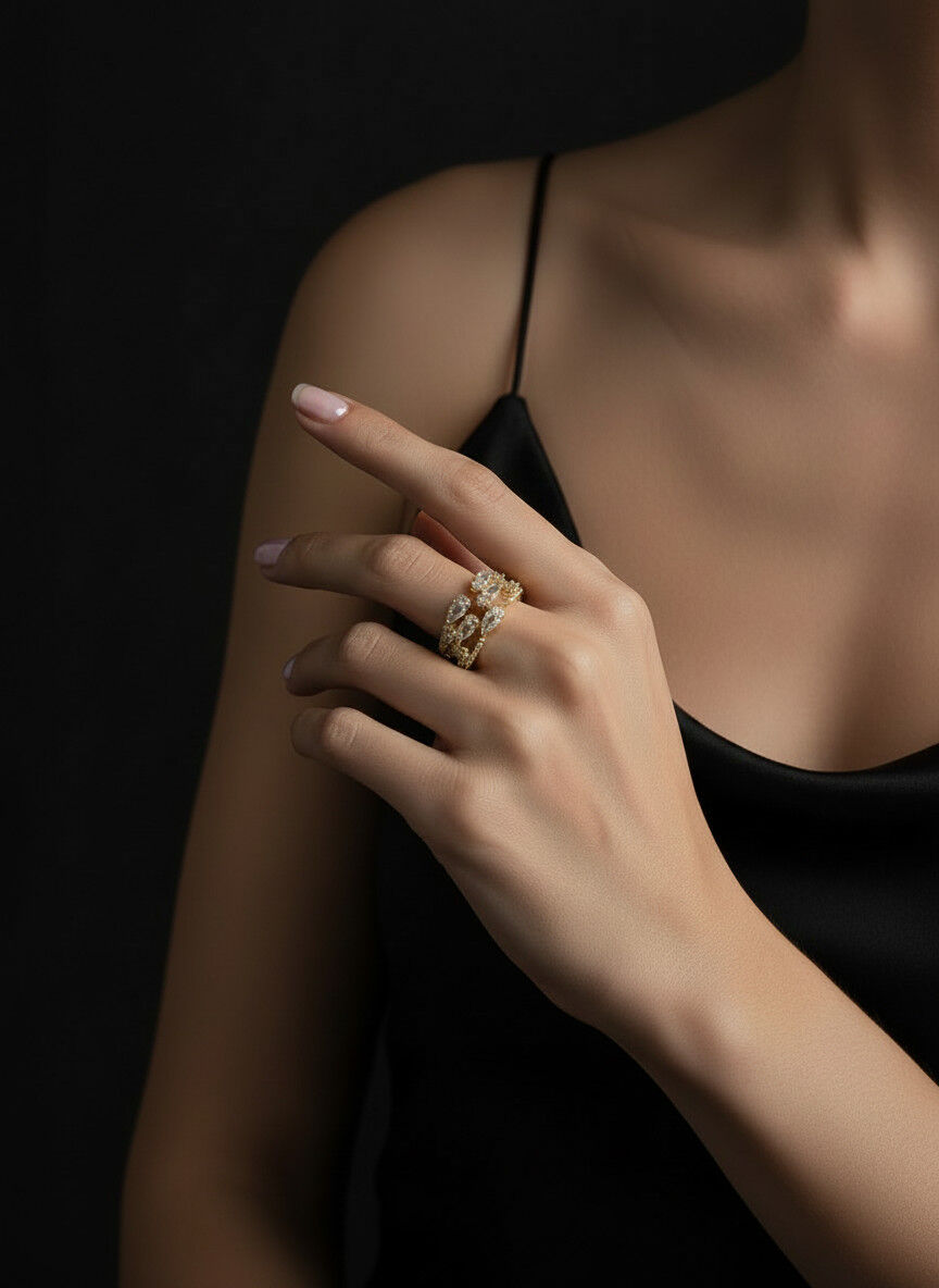 Valmont Accessories Kadın Gold Renk Beyaz Damla Taşlı Çok Sıralı Yüzük