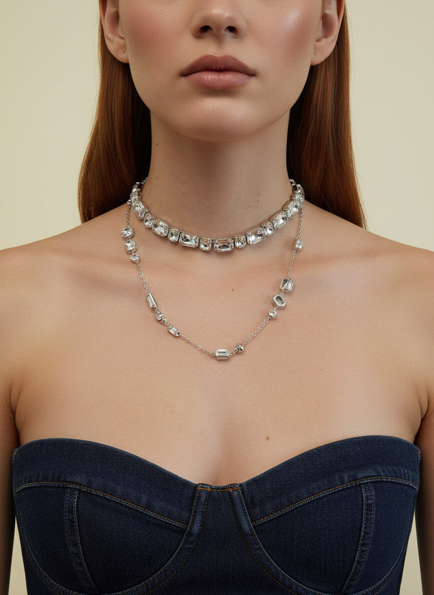 Valmont Accessories Kadın Gümüş Renk Baget Taşlı Choker Kolye