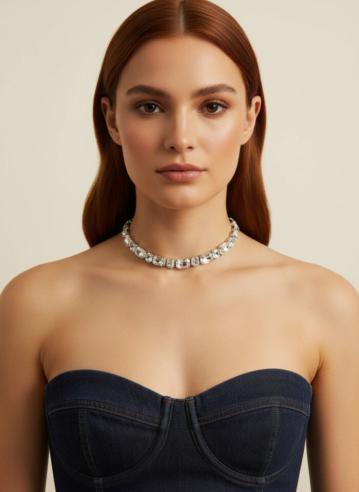 Valmont Accessories Kadın Gümüş Renk Baget Taşlı Choker Kolye