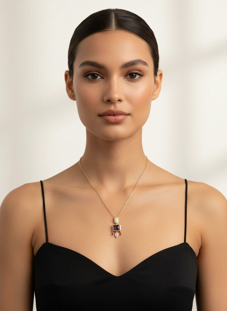 Valmont Accessories Kadın Altın Renk Mor Taşlı Geometrik Uçlu Kolye