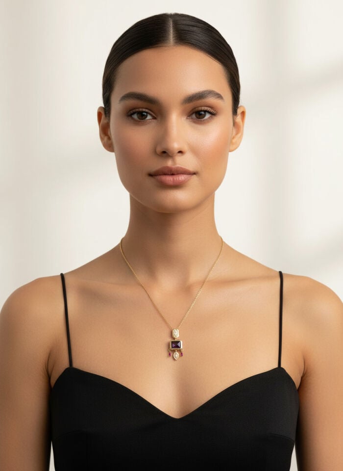 Valmont Accessories Kadın Altın Renk Mor Taşlı Geometrik Uçlu Kolye