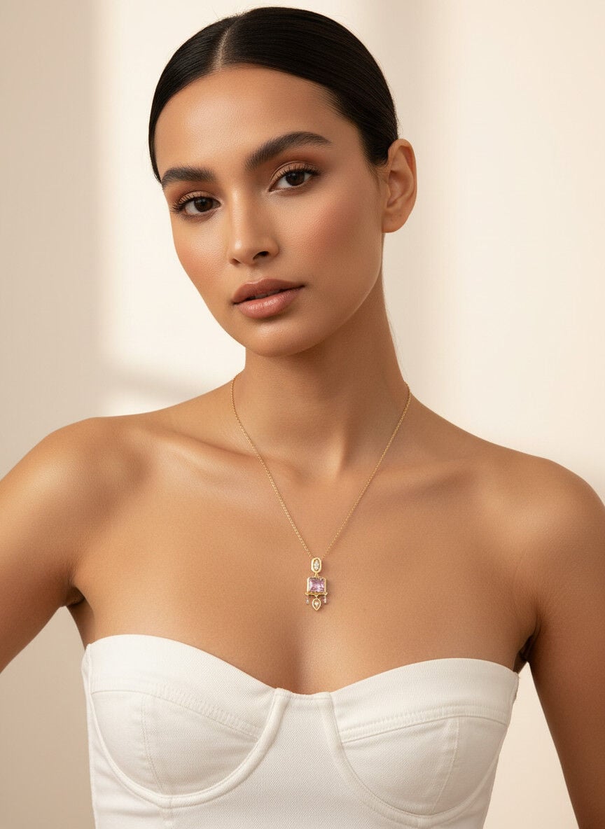 Valmont Accessories Kadın Altın Renk Beyaz Taşlı Geometrik Uçlu Kolye