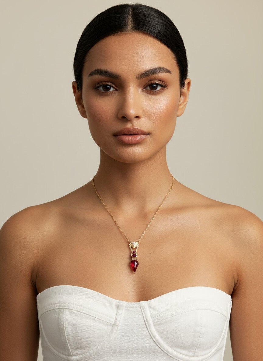 Valmont Accessories Kadın Altın Renk Fuşya Taşlı Geometrik Uçlu Kolye