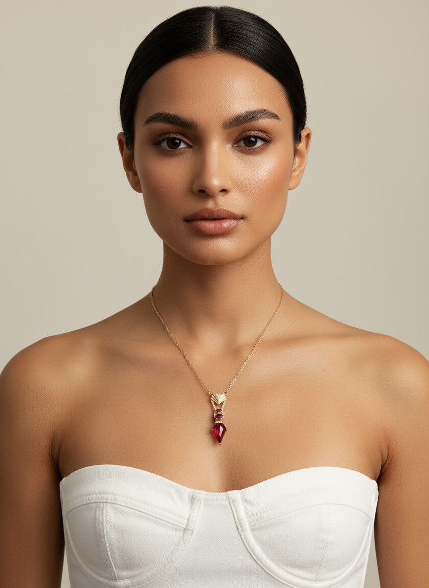 Valmont Accessories Kadın Altın Renk Fuşya Taşlı Geometrik Uçlu Kolye