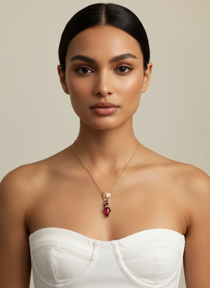 Valmont Accessories Kadın Altın Renk Fuşya Taşlı Geometrik Uçlu Kolye