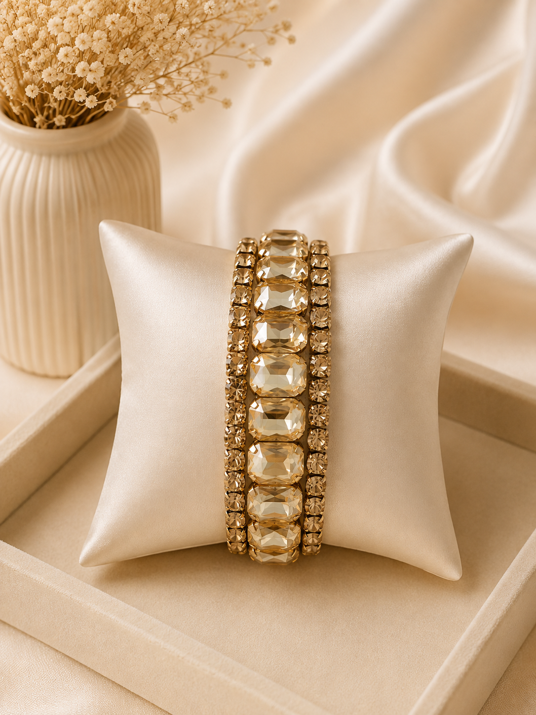 Valmont Accessories Kadın Altın Renk Bej Taşlı Üçlü Bileklik Seti