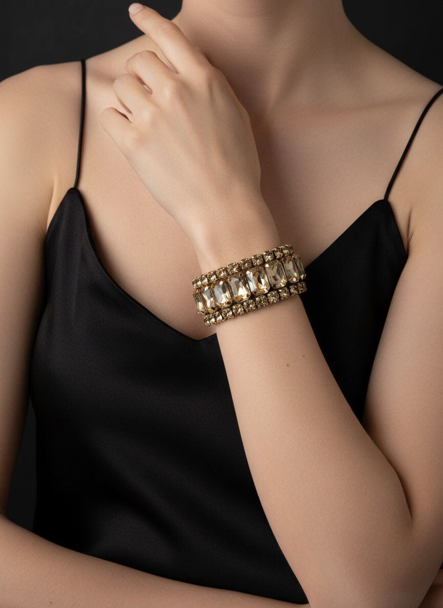 Valmont Accessories Kadın Altın Renk Bej Taşlı Üçlü Bileklik Seti