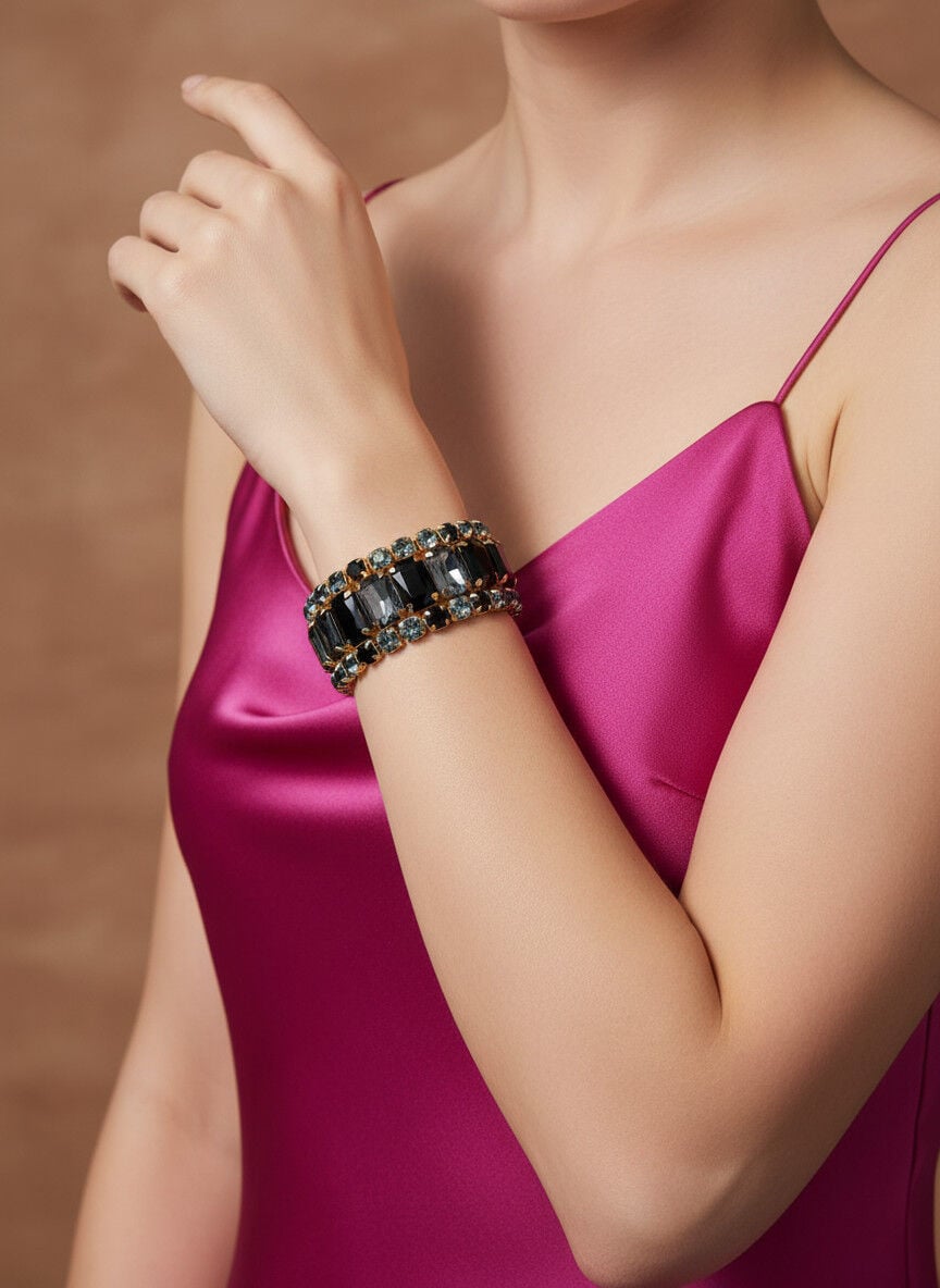 Valmont Accessories Kadın Altın Renk Siyah - Antrasit Taşlı Üçlü Bileklik Seti