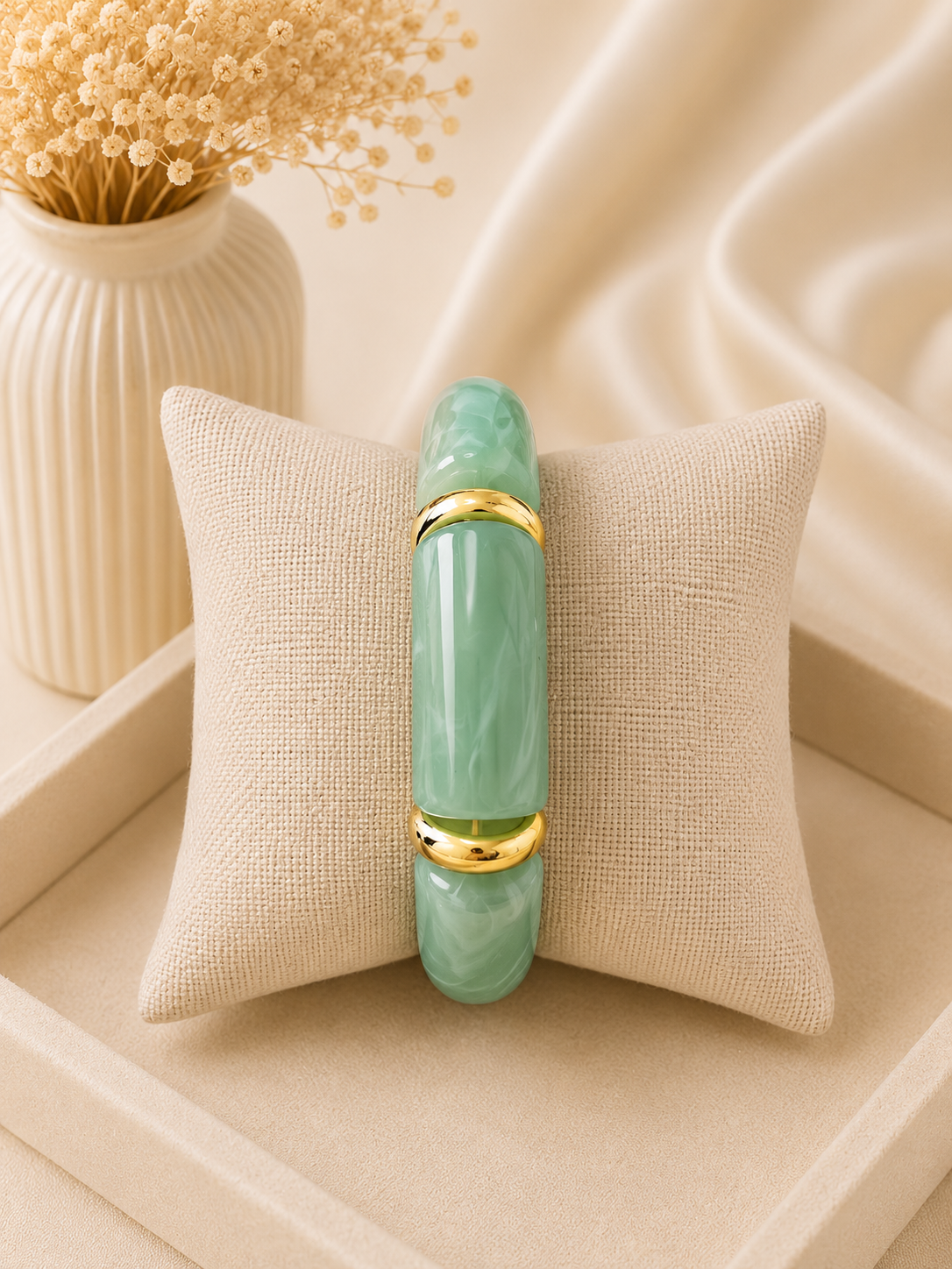 Valmont Accessories Kadın Gold Renk Mint Yeşili Mermer Desenli Kalın Bileklik