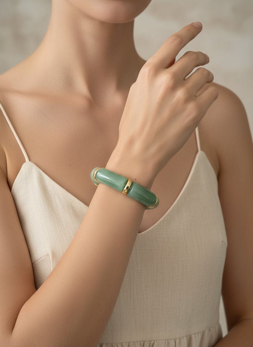 Valmont Accessories Kadın Gold Renk Mint Yeşili Mermer Desenli Kalın Bileklik