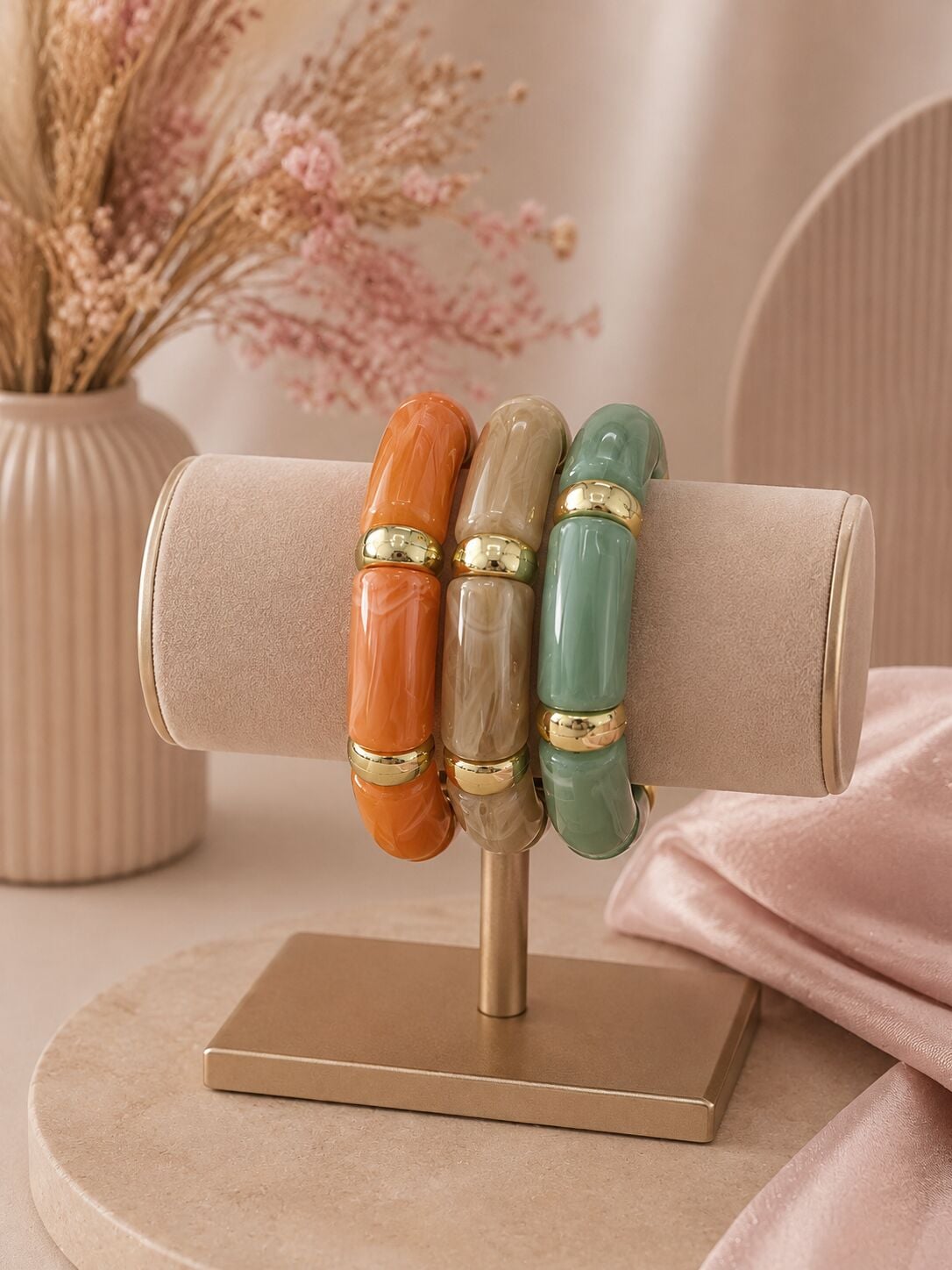 Valmont Accessories Kadın Gold Renk Bej Mermer Desenli Kalın Bileklik
