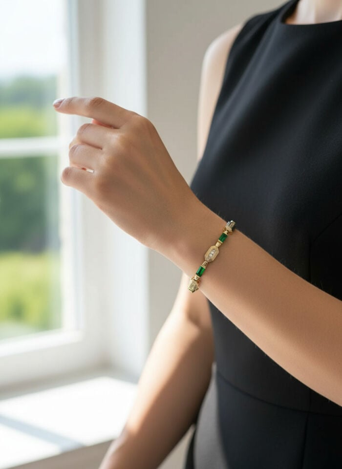 Valmont Accessories Kadın Gold Renk Yeşil Baget Taşlı Geometrik Bileklik