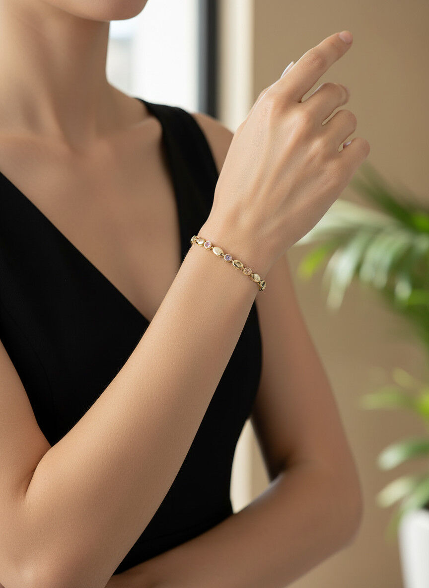 Valmont Accessories Kadın Gold Renk Pembe Taşlı Oval Detaylı Bileklik