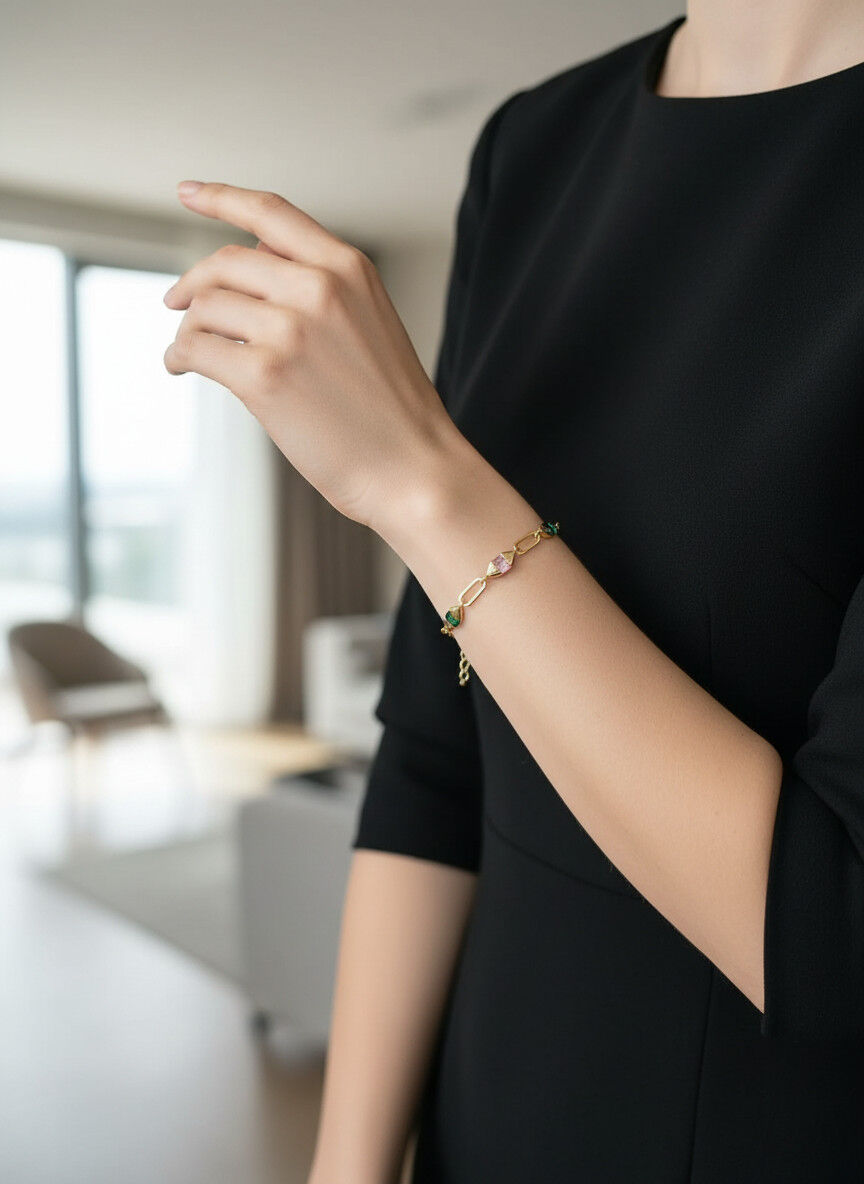 Valmont Accessories Kadın Gold Renk Renkli Baget Taşlı Zincir Bileklik