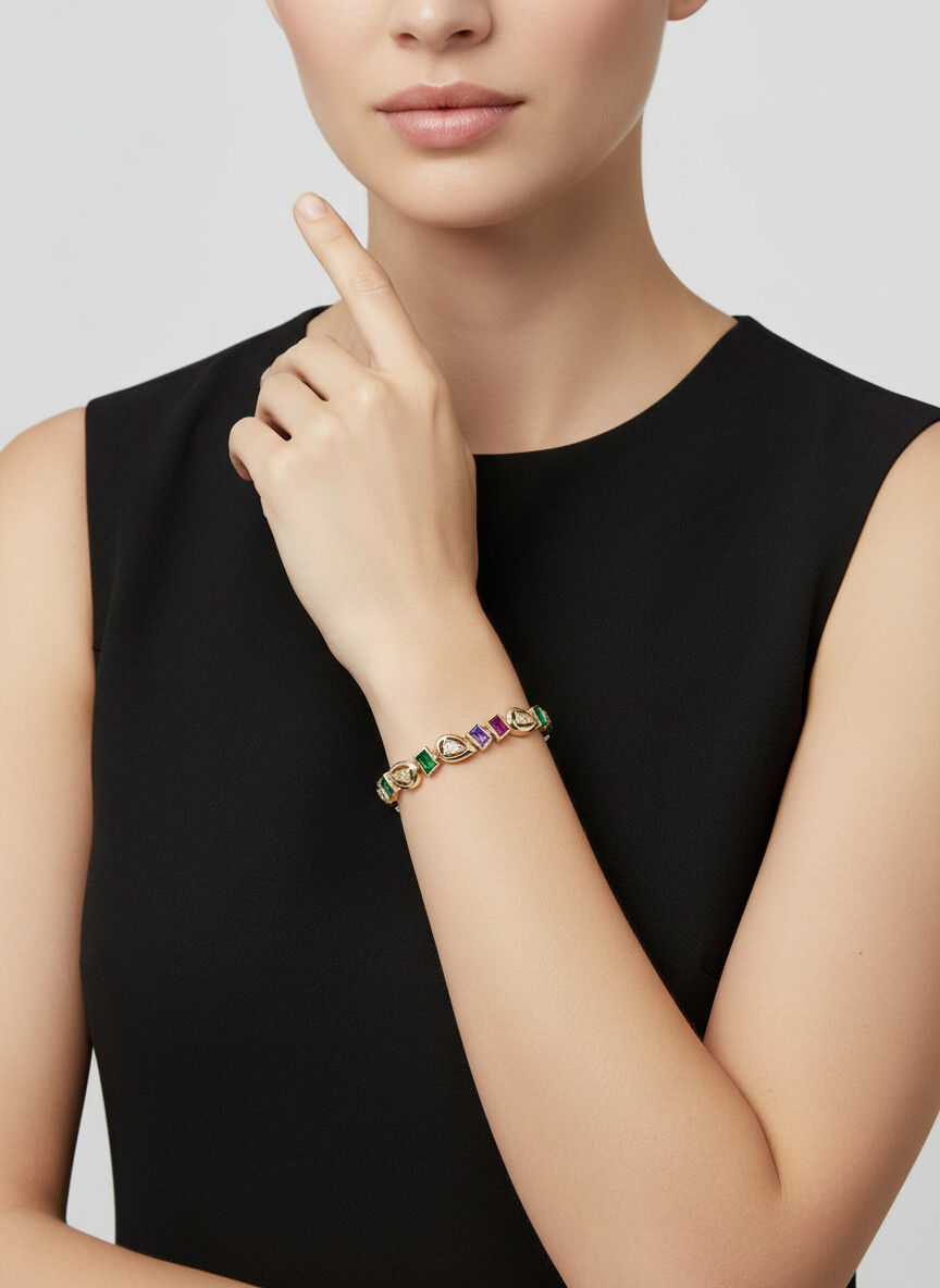Valmont Accessories Kadın Gold Renk Renkli Baget Taşlı Damla Detaylı Bileklik