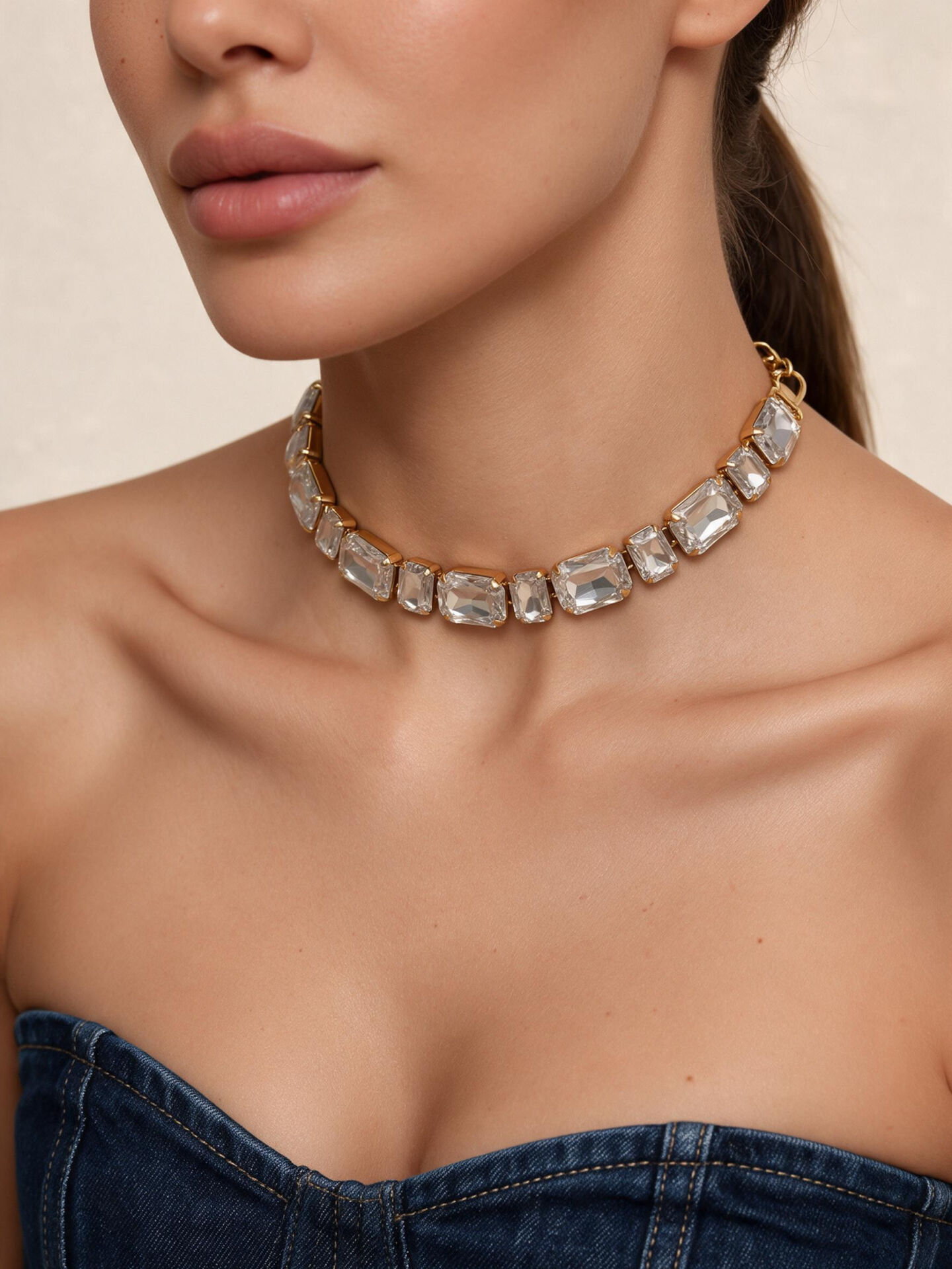 Valmont Accessories Kadın Gold Renk Baget Taşlı Choker Kolye