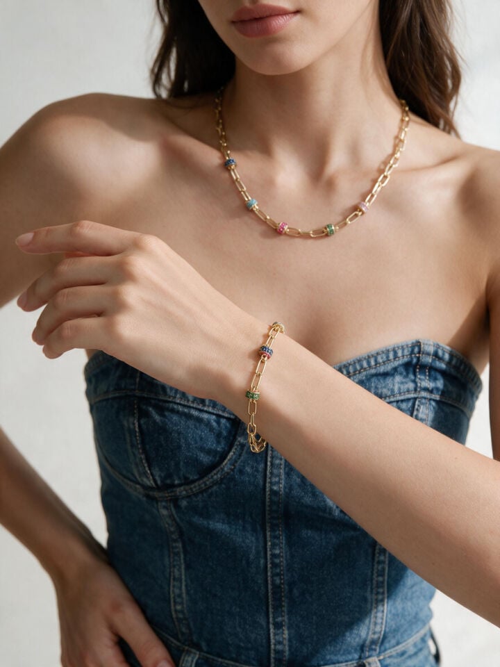 Valmont Accessories Renkli Taşlı Gold Kolye ve Bileklik Seti - Düğün, Kına, Nişan Gelin Takı Seti