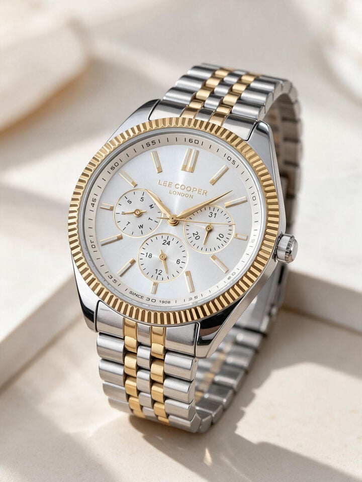 Lee Cooper Altın/Metalik Çelik Bilezik 34 mm Yuvarlak Kadın Kol Saati, Taşlı Bileklik Hediyeli