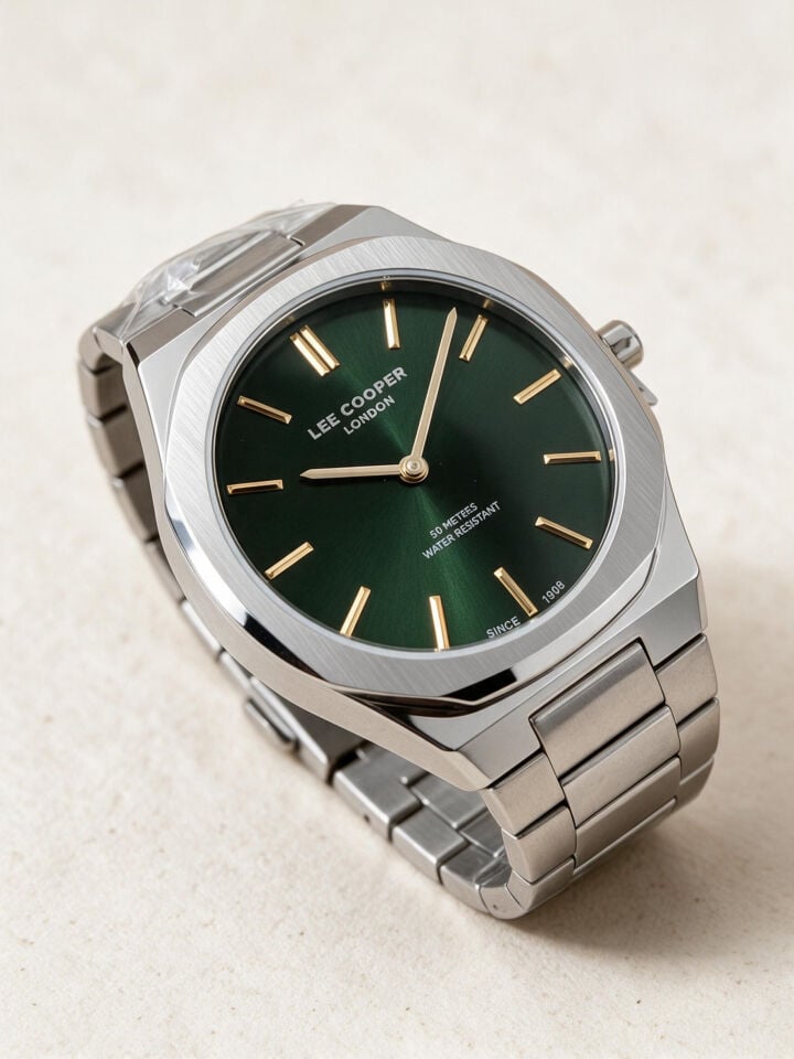 Lee Cooper Metalik Çelik Bilezik Yeşil Kadran 40 mm Yuvarlak Erkek Kol Saati, Bileklik Hediyeli